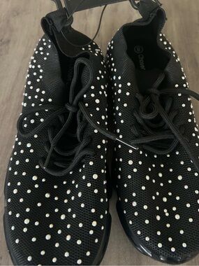 Black Crystal-Studded Lace-Up Knit Sneakers - Women